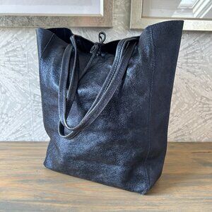 Genuine Leather Made in Italy Vertical Unlined Tote Bag in Metallic Blue, $135